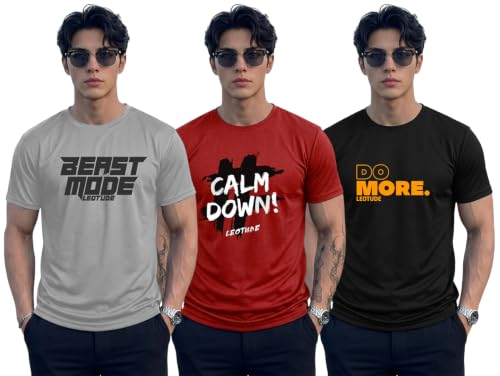 Image of LEOTUDE Mens Polycotton Boxy Regular Fit Printed Half Sleeve Round Neck Combo Dailywear & Gym Tshirts for Man (Colour: Multicolor)
