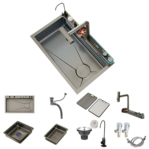 ステンレススチール製アンダーマウントキッチンシンクセット、LEDディスプレイ一体型スマート蛇口付き - シングルボウルモダンデザイン