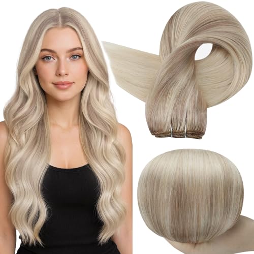 Image of Full Shine 12 Inch Weft Hair Extensions 80G Ash Platinum Blonde Extensions | Sew In Weft, Straight Human Hair, Natural Texture, Party Styling, Daily Wear for Women