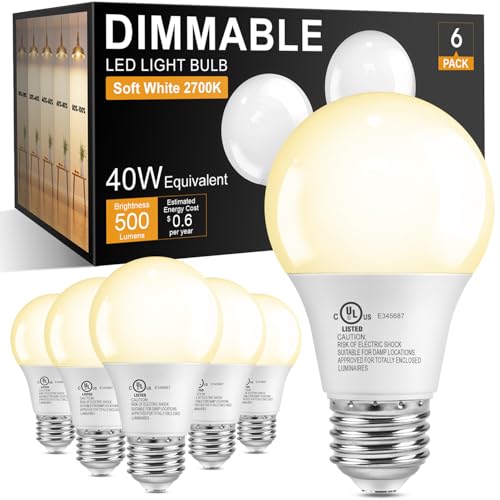 TJOY Dimmable LED Light Bulbs 40 Watt Equivalent, E26 Base A19 Standard LED Bulbs, Soft Warm White 2700K Lightbulbs, 5W Energy Saving Light Bulbs for Home, 500 LM, 80+ CRI, 120V, UL, 6 Pack