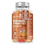 Multivitamin for Kids - 120 Natural Raspberry & Orange Flavour Chewable Gummies (2 Month Supply) - Low-Sugar Childrens Multivitamins with Zinc & Omega 3, 6 & 9 - Vegetarian Vitamins for Kids