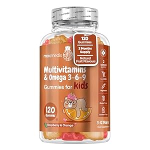 Multivitamin for Kids – 120 Natural Raspberry & Orange Flavour Chewable Gummies (2 Month Supply) – Low-Sugar Childrens Multivitamins with Zinc & Omega 3, 6 & 9 – Vegetarian Vitamins for Kids
