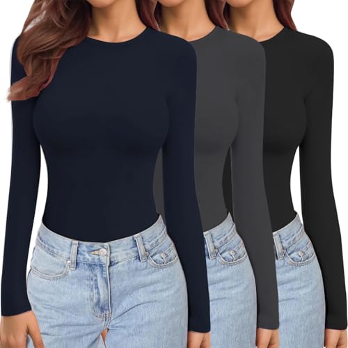 La Mejor Lista de Ropa de Balonmano americano para Mujer - 5 favoritos. 45 BIMOZY 3 Pack Camisetas Manga Larga para Mujer,Cuello Redondo,Tops Elásticas,Ajustadas,Básicas y Modernas,Camisetas Térmicas Ligeras
