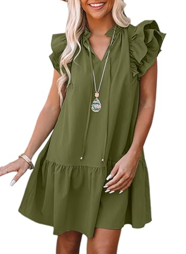 Image of Dokotoo Womens Summer Dresses 2026 V-Neck Drawstring Ruffle Cap Short Sleeve Side Pockets Mini Dress Sundress