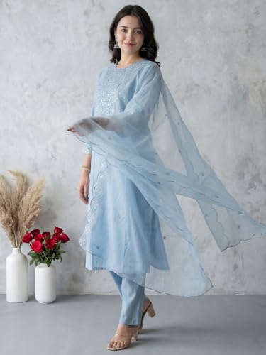 Image of INDO ERA Solid Straight Pure Cotton Kurta with Pant & Dupatta Set for Women