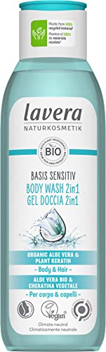lavera basis sensitiv Body Wash 2in1 - Body Wash with organic aloe vera and plant keratin - gently cleanses hair and skin - protects the skin flora - silikon free - vegan - organic (1 x 250 ml)