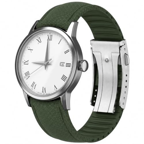 FKM Rubber Watch Strap,Curved End Fluororubber Watch Band with 316L Stainless Steel Deployant Clasp,Sweat-proof Anti-Dust Seamless Fit for Men Women Divers Watches Cut-to-Size 18mm 19mm 20mm 21mm 22mm (Army Green, 18mm)