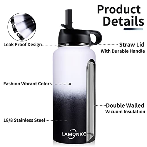 Lamonke 32Oz Vacuum Insulated Stainless Steel Water Bottle With Straw Lids & Spout Lids & Wide Mouth, Double Wall Bpa Free Sweat-Proof Thermos To Keep Beverages Perfectly Hot Or Cold #TOP3
