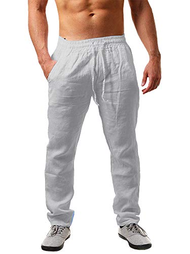Image of PASLTER Mens Cotton Linen Pants Casual Summer Beach Pants Dress Trousers | Loose Fit, Elastic Drawstring Waist, Lightweight, Straight-Legs, Slacks, Yoga, Work, Vacation, Quick Dry