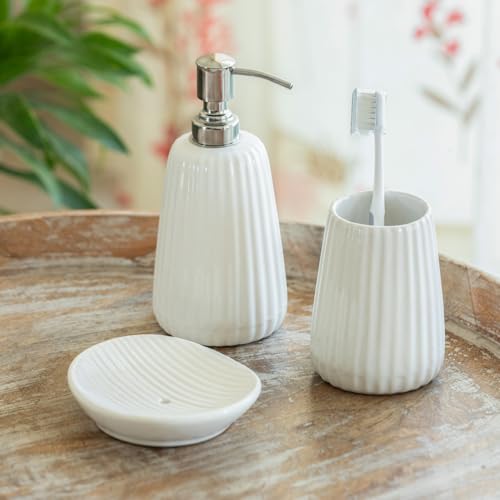 Image of ExclusiveLane 'Classic Calm' Ceramic Soap Dispenser Set for Bathroom Wash Basin Bathroom Accessories Set of 3 (Liquid Soap Dispenser, Toothbrush Holder, Soap Tray Holder, Hand-Embossed)