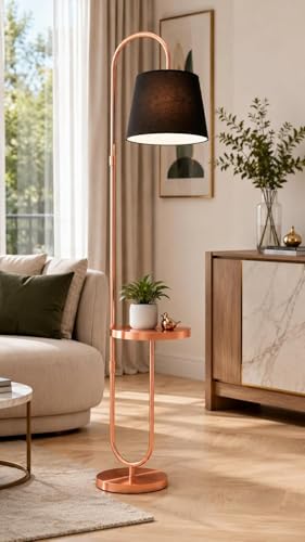 Image of Deco Crush Modern Floor Lamp with Side Table, Metal Standing Lamp with Fabric Lampshade, 60 Inch Tall Reading Lamp for Living Room, Bedroom, Office and Corner Decor (Rose Gold)
