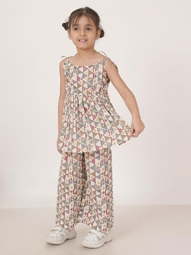 Image of FABRIC FITOOR Kids Cotton Grey Colour Geomatric Print Top & Palazzo Set /Co-ord Set For Girls