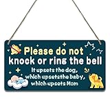 Fun-plus Baby Sleeping Sign for Front Door - 10"x5" PVC Plastic Hanging Sign, Do Not Knock or Ring the Bell - It Upsets the Dog and Baby, Which Upsets Mom