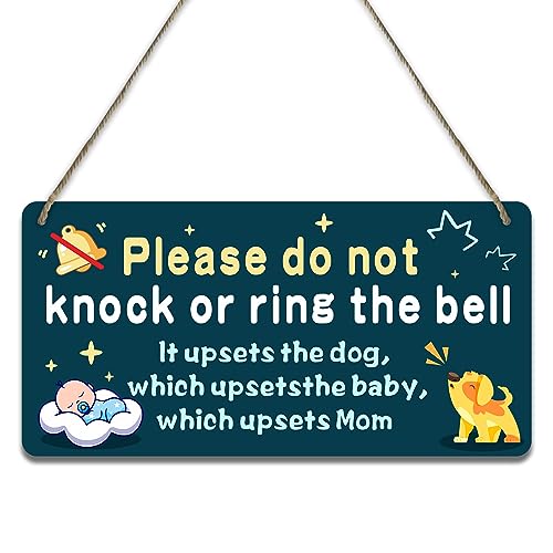 Fun-plus Baby Sleeping Sign for Front Door - 10"x5" PVC Plastic Hanging Sign, Do Not Knock or Ring the Bell - It Upsets the Dog and Baby, Which Upsets Mom