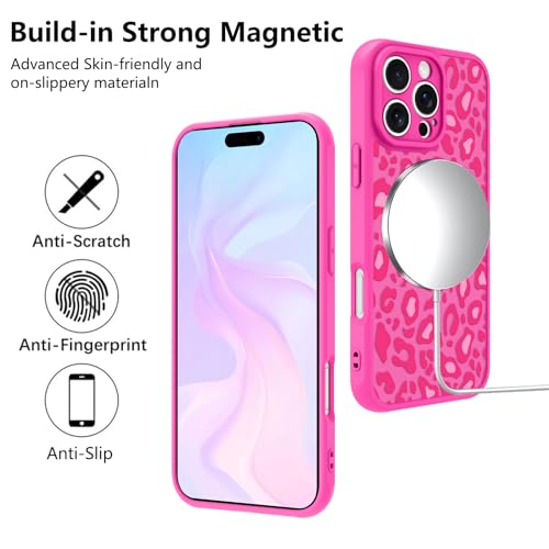 Image of KANGHAR Case for iPhone 16 Pro Max Hot Pink Leopard Printed Pattern | Cute Cheetah [Compatible with Magsafe] Protective Magnetic Case for Girls Women 6.9 inch