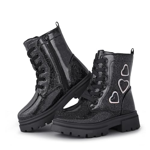 Tobfis Kids Girls Fashion Shiny Combat Work Boots Side Zipper Ankle Boots(Toddler/Little Kid/Big Kid)3