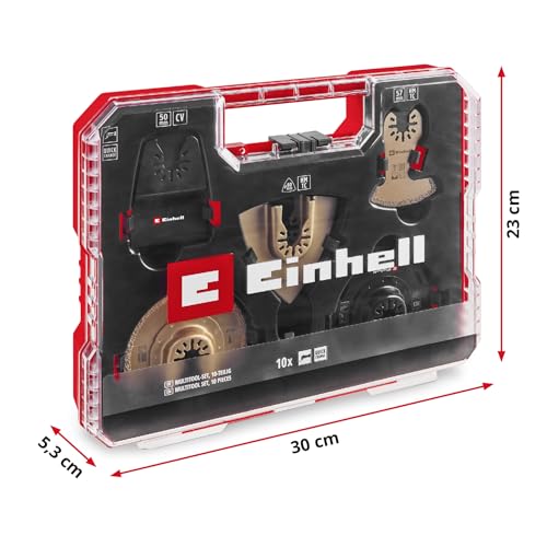 Original Einhell XL-PLUS-CASE 10-tlg. Multitool-Set (HCS Halbrund-Sägeblatt, HM Halbrund-Sägeblatt, HM Delta-Raspel, HM Segmentsägeblatt, starrer Schaber, Dremel-Adapter)