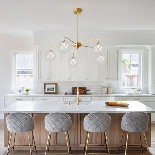 Image of Mid Century Modern Sputnik Chandelier Brass 5 Light Gold Chandelier Clear Glass Globe Sputnik Chandelier for Dining Room Bedroom Kitchen