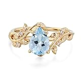NFYBD 10K 14K 18K Gold 1 Carat Pear Gemstone Vintage Engagement Ring for Women Nature Inspired Birthstone Leaf Vine Art Deco Wedding Promise Anniversary Rings for Her Wife Bridal Size 4~12-Aquamarine
