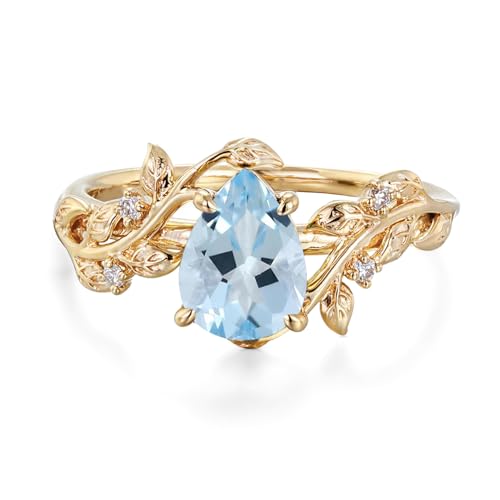NFYBD 10K 14K 18K Gold 1 Carat Pear Gemstone Vintage Engagement Ring for Women Nature Inspired Birthstone Leaf Vine Art Deco Wedding Promise Anniversary Rings for Her Wife Bridal Size 4~12-Aquamarine