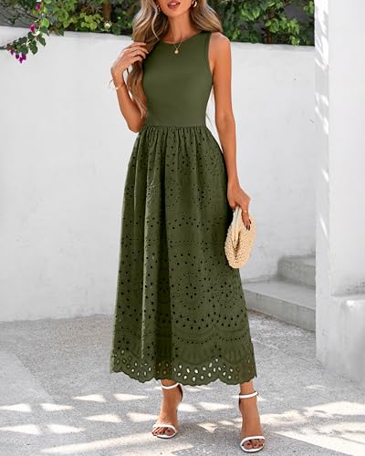 Image of dowerme Women Summer Dresses 2026 Casual Sleeveless Crewneck A-Line Boho Lace Eyelet Cotton Tank Maxi Dress with Pockets