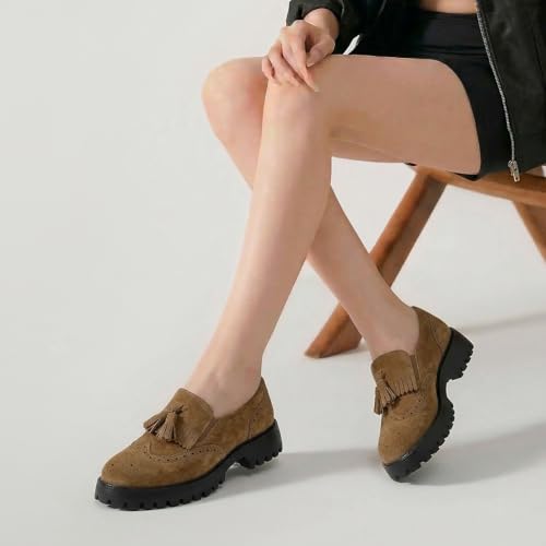 Image of BEAU TODAY Chunky Loafers for Women, Women's Leather Platform Loafers, Lug Sole Tassel Slip On Loafers Shoes Brogues Wingtip Casual Business Shoes Comfortable Dressy