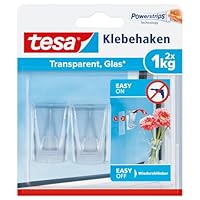 tesa Klebehaken für transparente Oberflächen und Glas (1 kg) - Durchsichtige, selbstklebende Haken - Bis zu 1 kg Halteleistung pro Haken, 2-er Pack