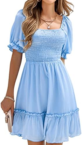 vanberfia Women’s Square Neck Lantern Sleeve Solid Casual A Line Mini Ruffle Dress vanberfia Women’s Square Neck Lantern Sleeve Solid Casual A Line Mini Ruffle Dress