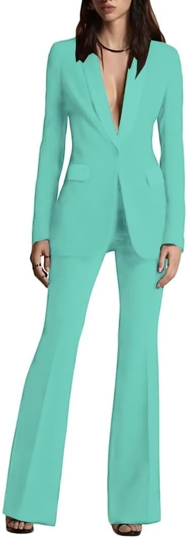SAROULU Womens Solid Suits Set 2 Piece Business Office One Button Blazer Jacket Casual Long Sleeve Pant Suit Set