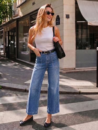 Flowyair Womens Wide Leg Jeans High Waisted Casual Cropped Denim Pants Blue — view 6