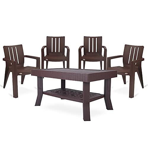 Oaknest Unboxing Furniture Supreme Modern Living Room Set - Kent -Designer Mid Back Plastic chair with Matte Finish with Vegas - Table ( G.Brown ) - 5 Pcs