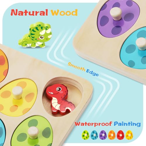 TOHIBEE Wooden Puzzles Montessori Toys for Toddlers 1-3, Dinosaur Eggs Peg Puzzles, Preschool Education Learning Toys for Boys and Girls, 6 Brightly Color Cute Dinosaur Shapes - Thumbnail 6