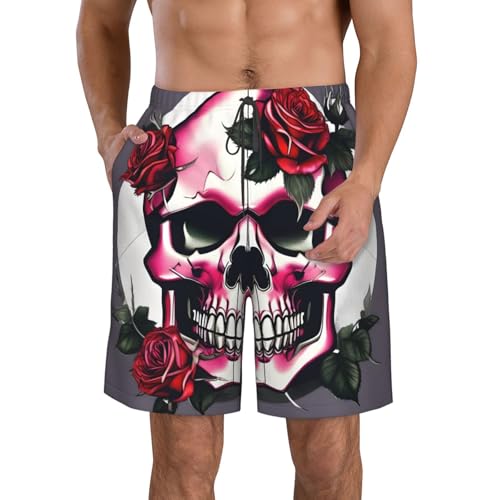 Men's Beach Shorts Swim TrunksFun Patterns Rose Skull Print for Surfing Running Summer Vacation