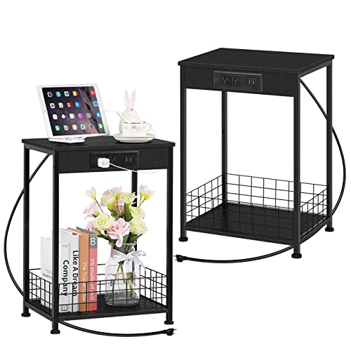 smusei Black Nightstand Set of 2 Small Bed Side Table Night Stand with USB Ports and Power Outlets Bedroom Narrow End Table with Charging Station and Storage Basket for Small Spaces, Living Room