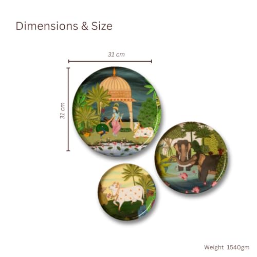 Image of RITUALISTIC Dwarka Pichwai Wall & Table Decor | Divine Tabletop Frame | Spiritual Home & Office Decoration | Wooden Stand | Mandir, Living Room & Gift | 8, 10 & 12 Inch | Set of 3