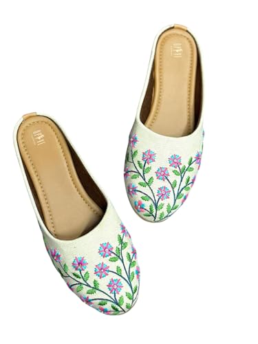 Image of OPIVE's Mehandi Women's Mojari Jutti Ethnic Punjabi Juttis Traditional Flat Embroidered Canvas Fancy Bellies Comfortable Sole for Womens & Girls