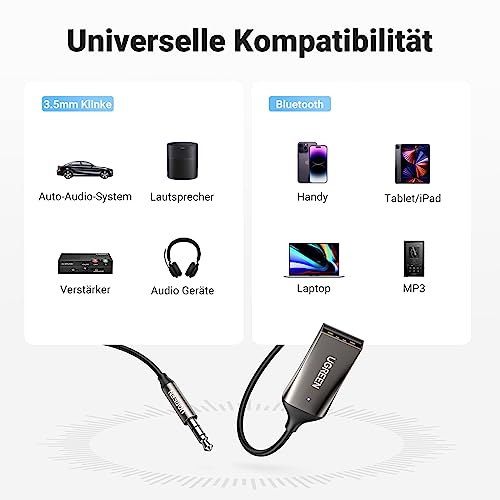 UGREEN Aux Bluetooth Adapter Auto Bluetooth 6.0 Empfänger Klinke für Freisprechanruf und Wireless Musik kompatibel mit Auto mit Aux und USB Anschluss, Lautsprecher, Verstärker (Grau-Standard)