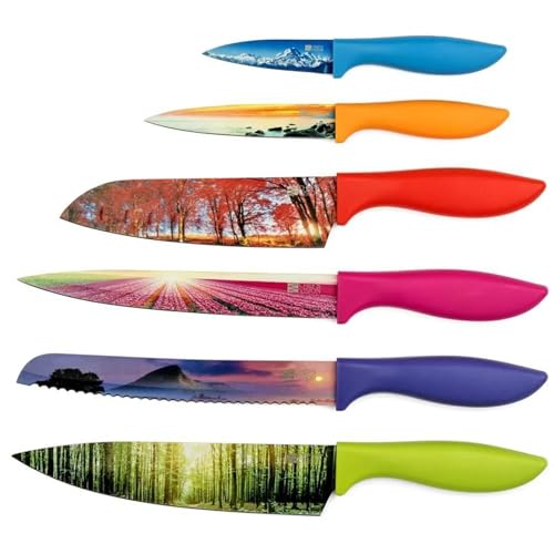 CHEF'S VISION Landscape Knife Set - 6-Piece Stainless Steel Cutting Knives Set for Kitchen with Stunning Nature Scenes - Perfect House Warming Gift for Women or Men - Unique Kitchen Knife Set Gift