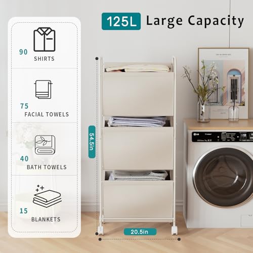 Image of 125L Vertical Laundry Hamper with Wheels, 3 Section Large Rolling Laundry Sorter with Detachable Inners, Metal Clothes Hamper Laundry Baskets Organizer for Bathroom, Bedroom, Dorm (Beige)
