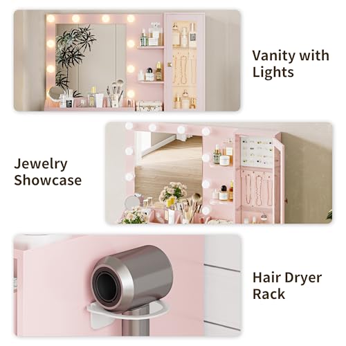 Image of Vanity Desk with Mirror and Lights, Pink Makeup Vanity with 5 Drawers Hidden Jewelry Organizer& LED Glass Cabinet,3 Light Mode and Brightness Adjusted,Vanity Mirror with Lights Desk and Chair