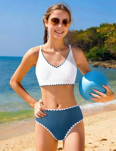 Image of Girls Swimsuit Contrast Trim Cross Back Swimwear Girls Bathing Suit with Padding 7-16Y