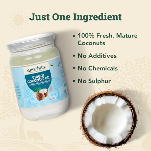 Image of Anveshan Cold Pressed Virgin Coconut Oil 250ML | Glass Jar | Unrefined Cold Pressed Virgin Coconut Oil, Naturally Cholesterol Free, Kolhu /Kacchi Ghani /Mara Chekku /Ganuga, Rich Aroma & Flavour of Real Coconuts, A1 Grade Coconuts