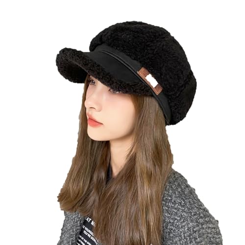 Octagonal Hats for Women Soft Warm Faux Fur Newsboy Hats Vintage Fuzzy Visor Duckbill Hat Cold Weather Fashion Hat Black