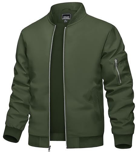 TACVASEN Jackets for Men Green Bomber Coat Mens Jackets Fashion Trendy Mens Bomber Lightweight Windbreaker Jackets Lightweight Full Zip Flight Jackets