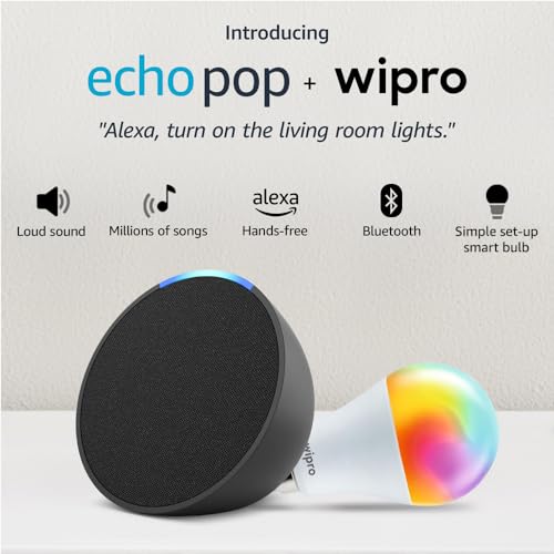 Image of Amazon Echo Pop (Black) Smart Home Speaker Combo with Wipro Simple Setup 9W LED Smart Bulb | with Bluetooth and Alexa