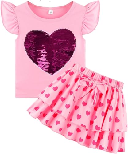 Image of Girls Skirt Set 2 Piece Outfit Toddler Summer Clothes Ruffle Sleeve T-Shirt Bow Knot Tutu Skirt Outfit Set