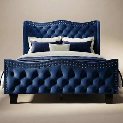 RIHHA Queen Size Upholstered Platform Bed Frame with Headboard Footboard with 50 Inch High Wingback Button Tufted Design Navy Blue Velvet Sturdy Construction No Box Spring Required Noise Free