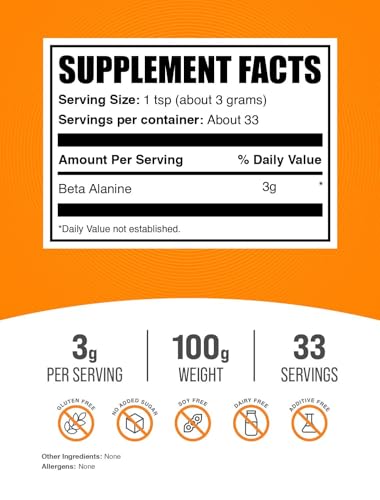 Image of BulkSupplements.com Beta Alanine Powder - Beta-Alanine Supplement, Pre-Workout Supplement - Unflavored & Gluten Free, 3g per Serving, 100g (3.5 oz) (Pack of 1)