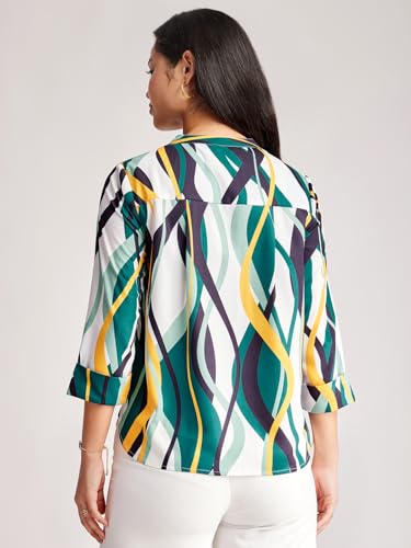 Image of FableStreet Women Shirt Work & Casual | Relaxed Fit Mandarin V-Neck Three-Quarter Sleeves Solid Pattern | Breathable Woven Fabric for Office & Everyday Wear