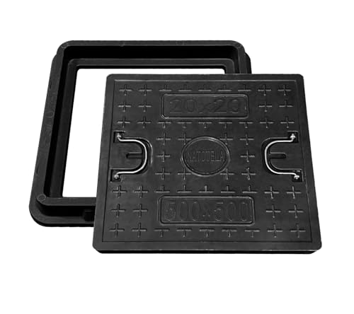 Image of NATOTELA Manhole Cover and Frame Fiberglass,Cover Size 500x500mm/Overall size 600x600mm Square Drain Access Inspection Reinforced Steel Embedded Sewer with Handles Non-slip Solid Black